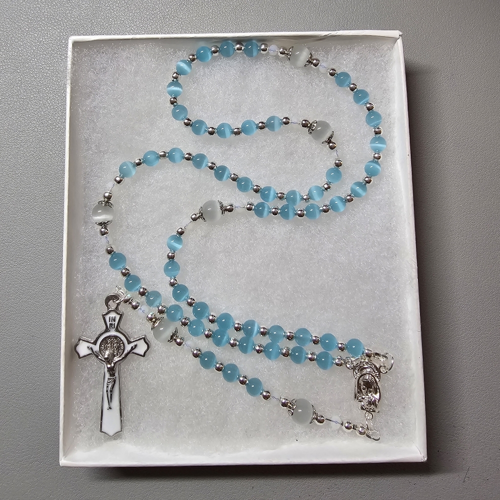 One Of A Kind Hand Crafted Rosary Made With Blue And White Cat Eye Beads